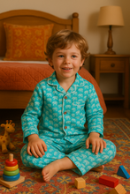 Load image into Gallery viewer, Turquoise elephants kid's pajamas and dress